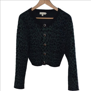 Ronny Kobo Green Black Leopard Print Cropped Cardigan Sweater Size Large